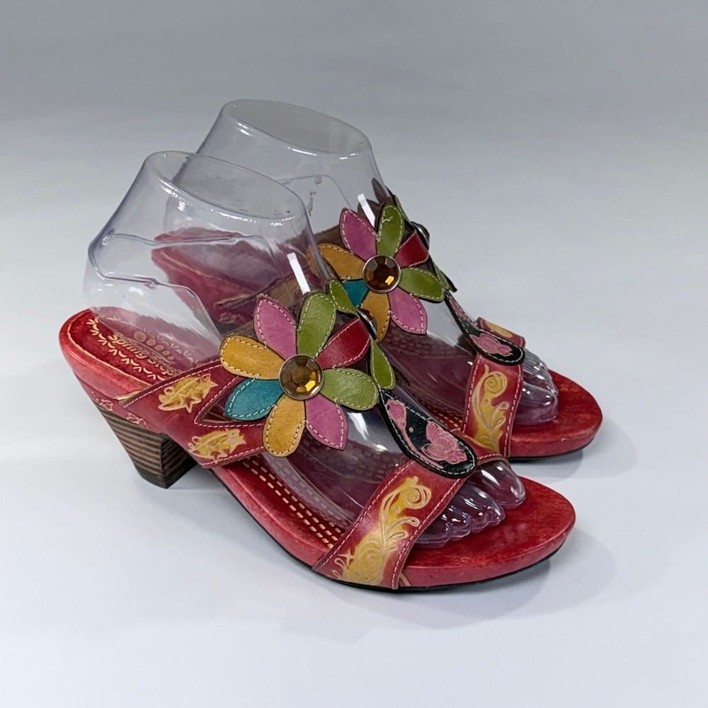 Spring Step L'Artiste Papaya Sandal Women 37 Red Leather Floral Slide Boho Artsy